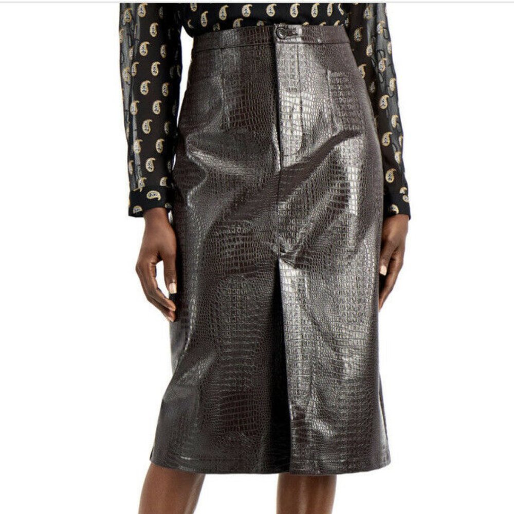 INC Faux Leather Front Slit Pencil Skirt Reptile Embossed Size 2 French Toast